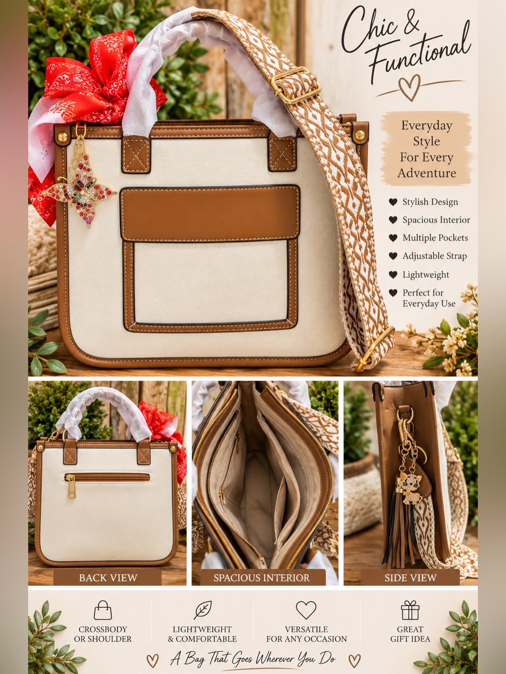Chic Canvas Crossbody Bag with Tan Faux Leather Trim